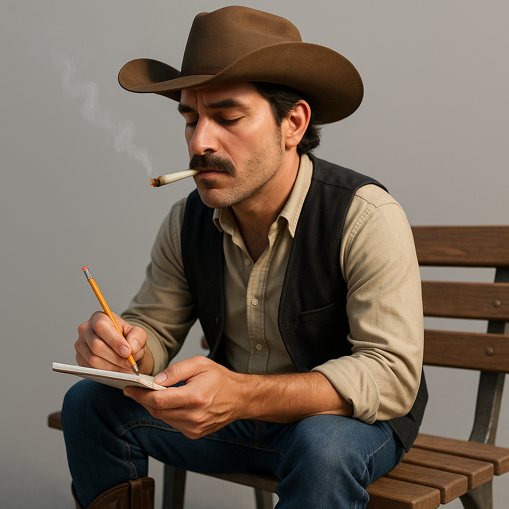 A realistic 3/4-view of a male journalist seated on a wooden bench, wearing a brown cowboy hat, black vest, beige shirt, blue jeans, and cowboy boots, writing with a pencil in a notepad resting on his knee, a lit joint held between his lips with a wisp of smoke rising against a neutral gray background.