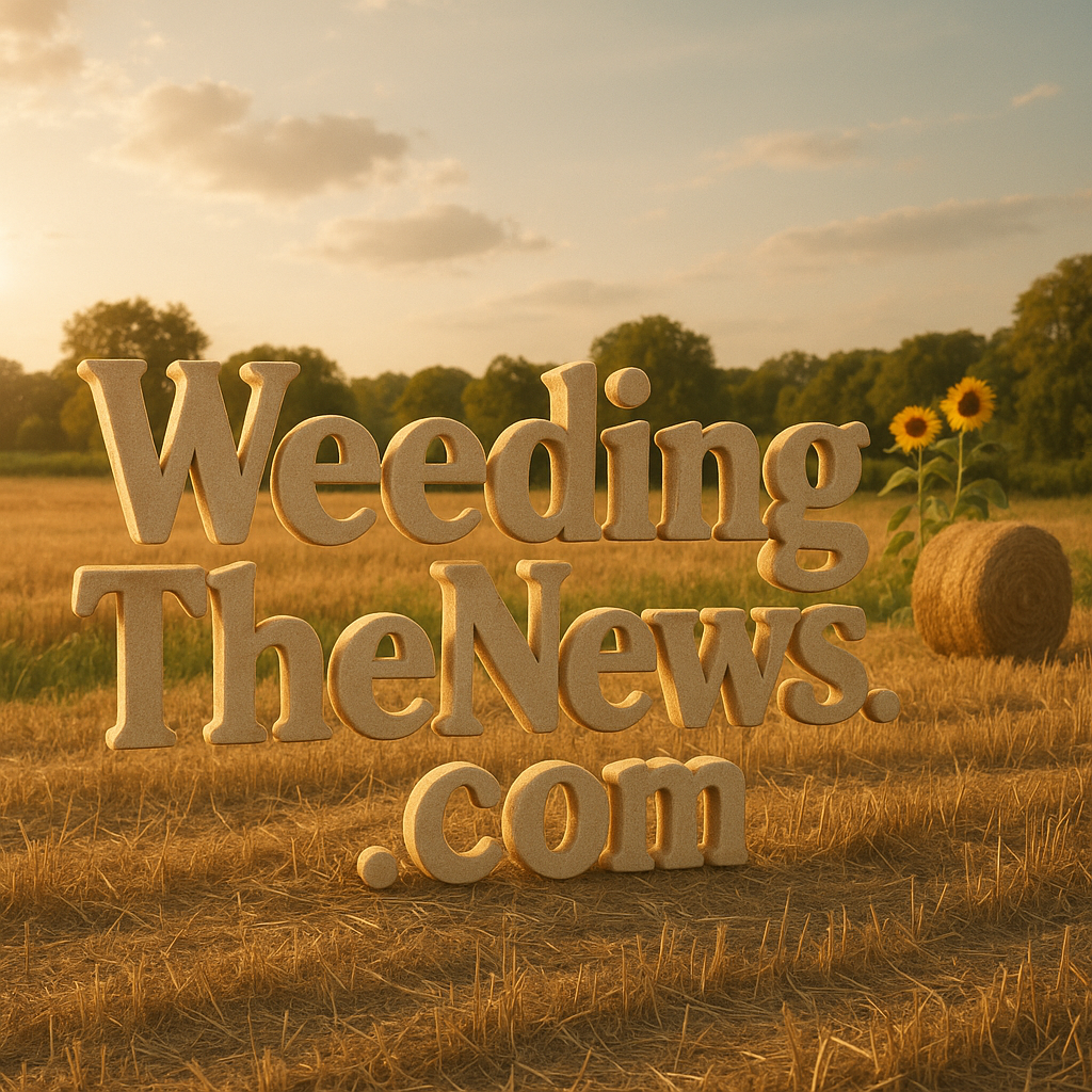 A realistic 3D rendering of the text “WeedingTheNews.com” standing in a harvested wheat field at the end of summer. The bold, textured letters appear sunlit in warm, golden tones. Behind them, a round hay bale sits beside two tall sunflowers, with a distant tree line under a softly glowing late-afternoon sky.
