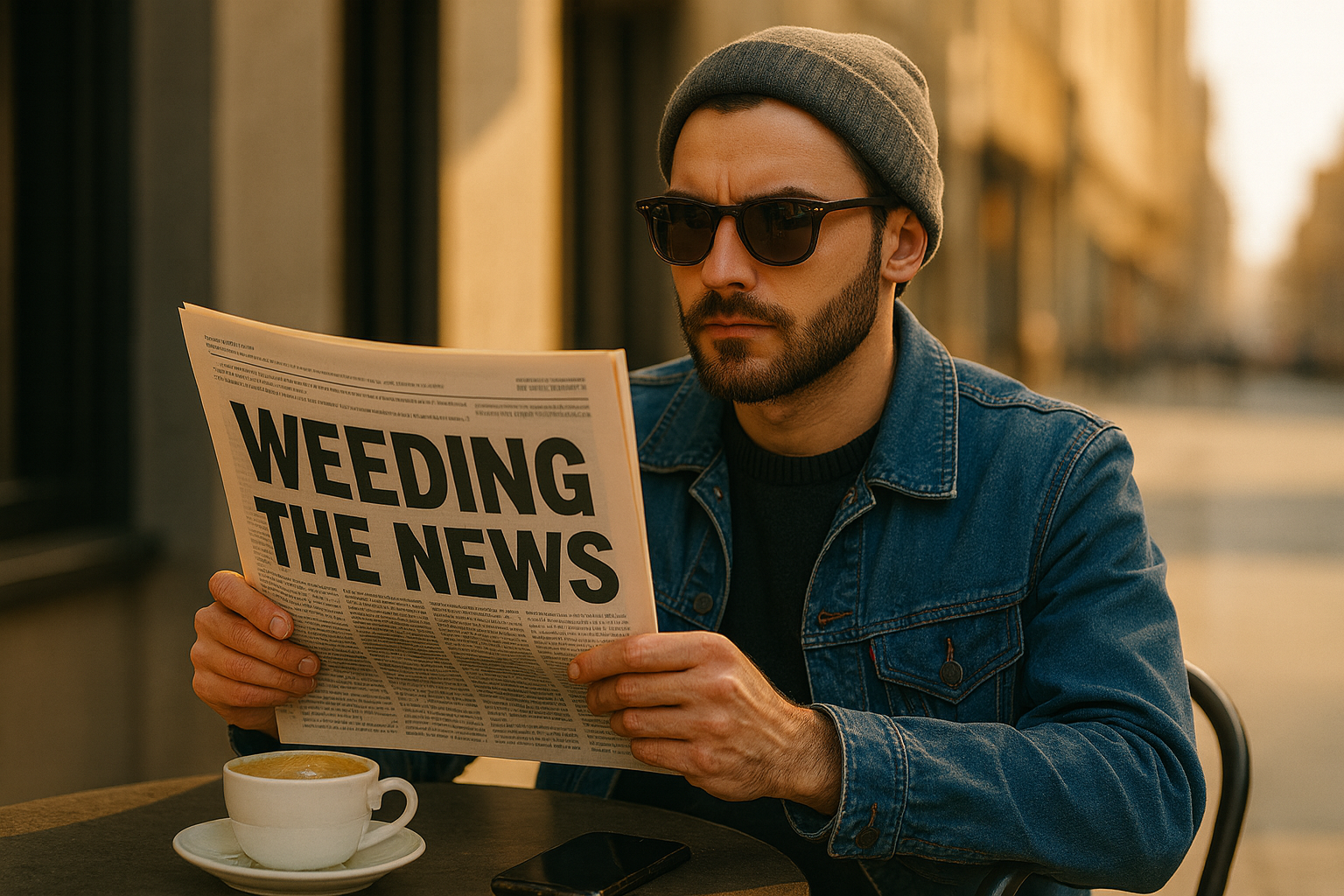 A realistic 3D rendering of the text “WeedingTheNews.com” standing in a harvested wheat field at the end of summer. The bold, textured letters appear sunlit in warm, golden tones. Behind them, a round hay bale sits beside two tall sunflowers, with a distant tree line under a softly glowing late-afternoon sky.