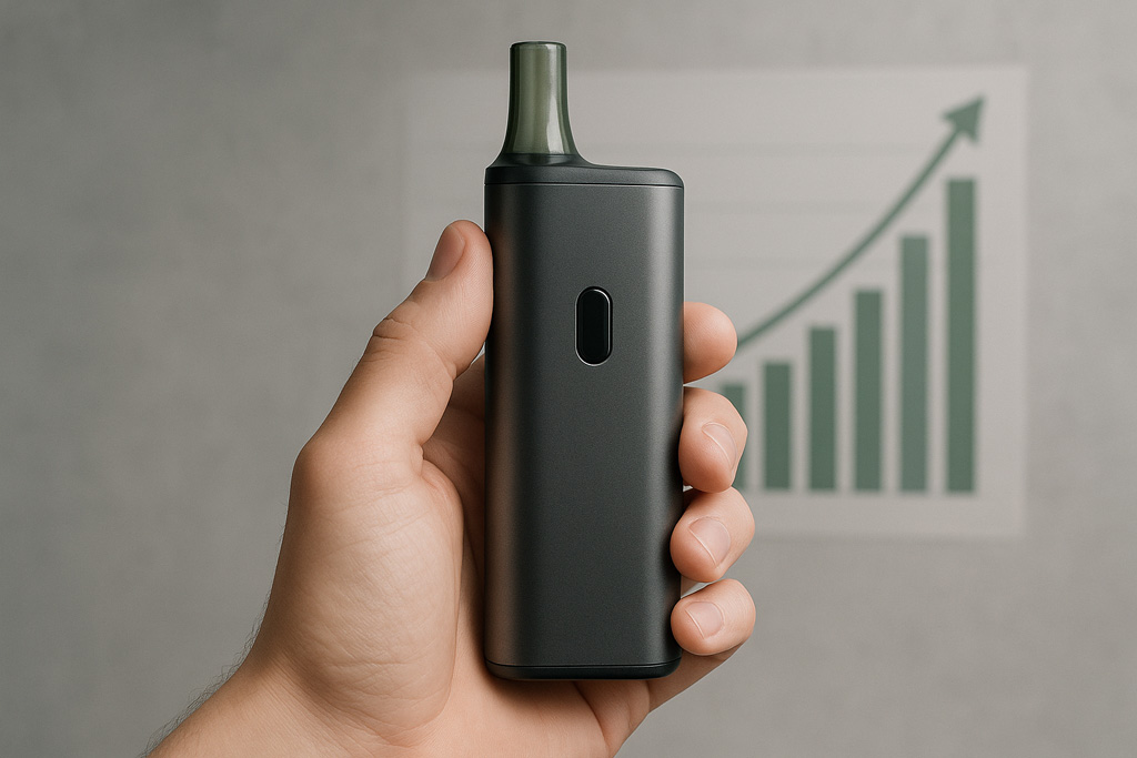 A realistic close-up image of a person’s hand holding a sleek black cannabis vaporizer, with soft lighting highlighting the device and skin texture. In the blurred background, a green upward-trending market graph symbolizes industry growth.