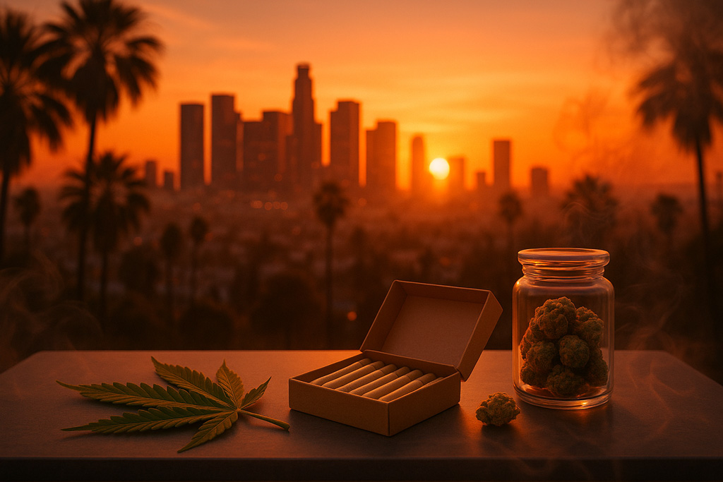 A photorealistic 3D render of a Los Angeles sunset scene with a wellness-oriented mood. In the foreground, a sleek dark gray table displays a box of neatly arranged cannabis pre-rolls, a glass jar filled with buds, and a single cannabis leaf. Wisps of smoke softly frame the image edges, while the warm orange glow of the setting sun silhouettes palm trees and the downtown LA skyline in the background, evoking calm and balance.