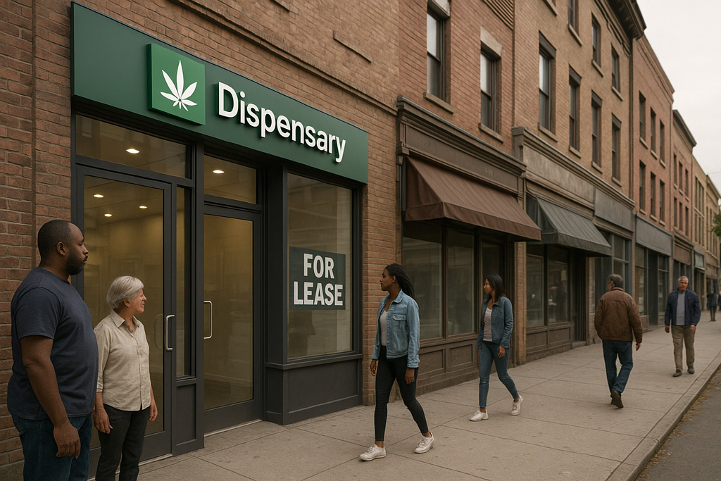 A realistic 3D-style daytime city street scene showing a newly opened cannabis dispensary with a modern glass entrance and green signage featuring a leaf icon and the word “Dispensary.” Adjacent storefronts appear older and mostly vacant, including one with a large “For Lease” sign. Several pedestrians of different ages and ethnicities walk along the sidewalk, some glancing at the dispensary. The atmosphere is calm with soft, overcast lighting, highlighting muted brick buildings and a subtle sense of retail decline along the block.