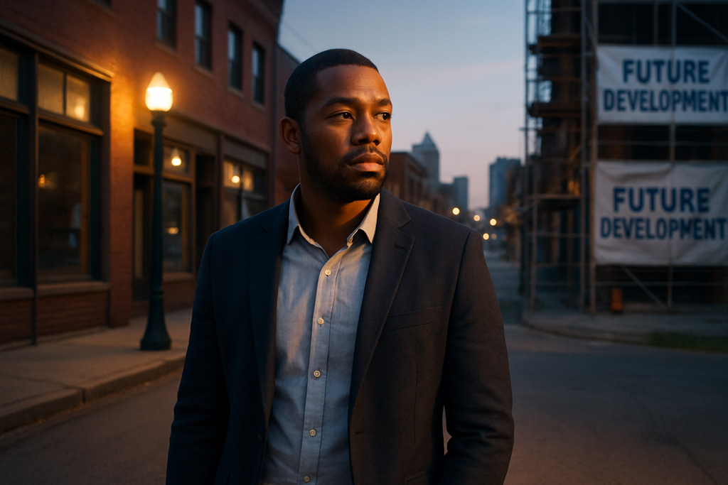 A thoughtful African American man in his 30s stands on a Kansas City street at dusk, wearing a dark blazer over a light button-down shirt. Warm streetlights illuminate the brick storefronts behind him. On the right side of the scene, a construction site with ‘Future Development’ banners is visible. The background shows a softly blurred city skyline under an evening sky.