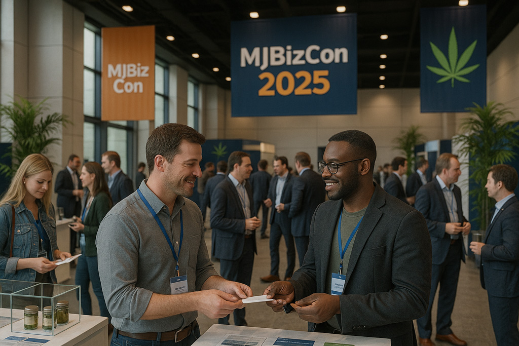 A photorealistic 3D-rendered image of MJBizCon 2025, showing a bustling trade show floor with attendees in business attire networking around modern cannabis industry booths. Large banners read “MJBizCon 2025” in blue and orange, with cannabis leaf logos and bright natural lighting filling the hall. People are smiling, shaking hands, and exchanging business cards in a professional, energetic atmosphere.