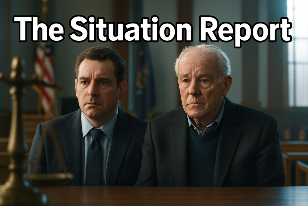 Two solemn men—a middle-aged man in a navy suit and an older man in a dark blazer and sweater—sit at a courtroom defense table with anxious expressions. A blurred bronze scale of justice appears in the foreground, and the U.S. and Maine flags stand behind the judge in the background. At the top of the image, large white letters outlined in black read ‘The Situation Report,’ making the title stand out against the courtroom setting.