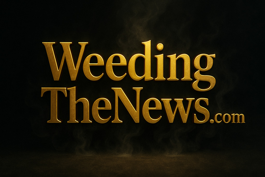 A realistic 3D rendering of the text “WeedingTheNews.com” standing in a harvested wheat field at the end of summer. The bold, textured letters appear sunlit in warm, golden tones. Behind them, a round hay bale sits beside two tall sunflowers, with a distant tree line under a softly glowing late-afternoon sky.