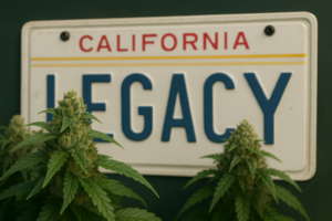 Close-up of two mature cannabis plants with dense green buds in the foreground, set against a vintage white California license plate that clearly reads “CALIFORNIA LEGACY.” The plants are sharply detailed while the background remains softly blurred, creating a natural, photorealistic composition.