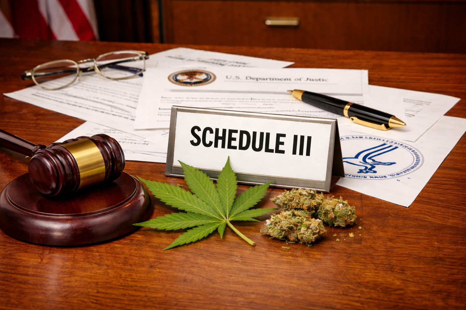 Photorealistic scene of a polished wooden desk with a “Schedule III” placard centered in the foreground, a green cannabis leaf and cannabis buds beside it, and a judge’s gavel to the left. Official government documents, a pen, and reading glasses are spread across the desk in the background, suggesting a legal or regulatory setting.