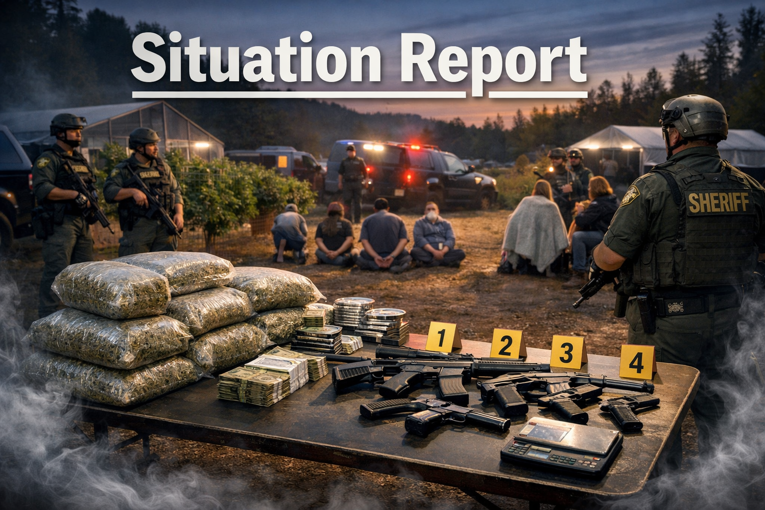 Sheriff’s deputies in tactical gear stand guard during a dusk raid at a rural cannabis farm. In the foreground, a table displays large sealed bags of marijuana, stacks of cash, firearms marked with evidence tags, and a scale. Wisps of smoke frame the bottom edges. In the background, several detained individuals sit on the ground with hands restrained, while patrol vehicles with flashing lights illuminate greenhouses and surrounding trees. The words ‘Situation Report’ appear in bold across the top of the image.