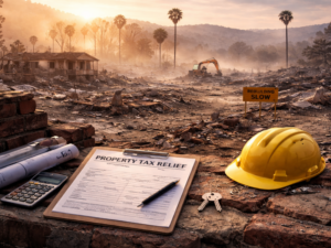 Photorealistic image of a destroyed Los Angeles neighborhood one year after wildfires, featuring burned homes, debris, palm trees, and construction machinery in the background, with a property tax relief form, calculator, keys, and hard hat resting on a brick wall in the foreground.