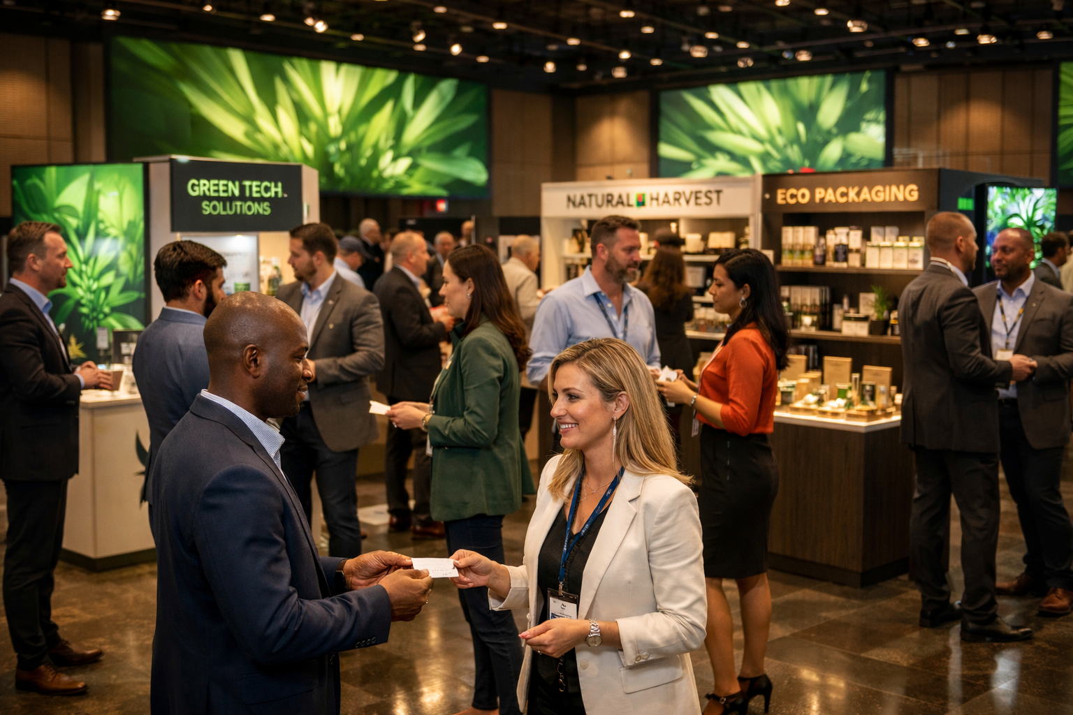 Business networking event in a modern convention hall where diverse professionals in business-casual attire converse and exchange business cards among branded booths showcasing legal cannabis products, technology solutions, and sustainable packaging, with large green botanical visuals on digital screens and warm, cinematic lighting.