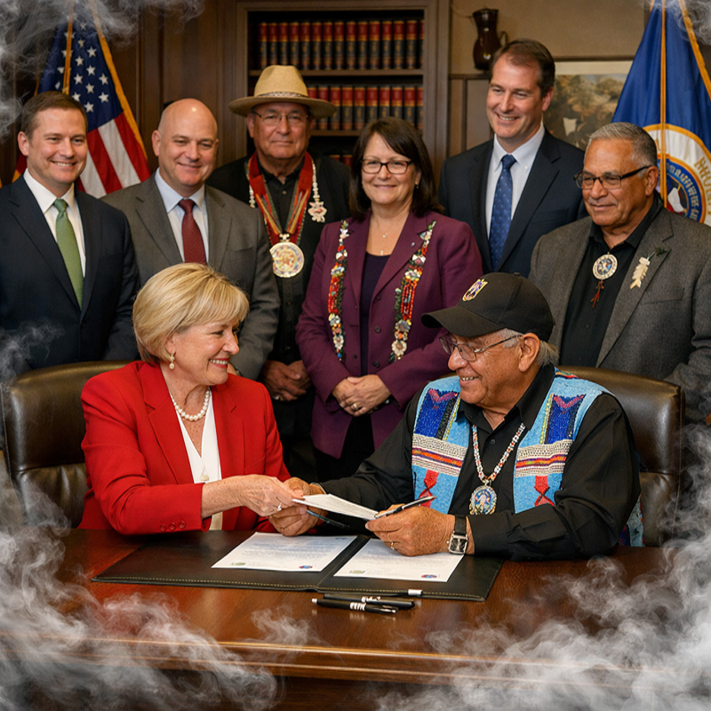 WTN-Vol-2-Issue-3-Image-resized_800x800 A group of Minnesota lawmakers and Chippewa tribal representatives stand together in a formal office lined with bookshelves and flags. At the desk in front, a smiling white woman in a red blazer and an older Native American man wearing a beaded vest and a black cap sit across from each other, exchanging a document as they sign a cannabis compact. Several other officials stand behind them, all smiling. Wisps of smoke frame the bottom and sides of the scene.