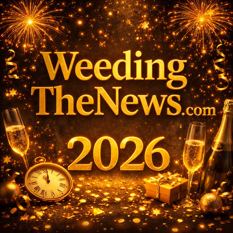 WeedingTheNews_2026_800x800 A realistic 3D rendering of the text “WeedingTheNews.com” standing in a harvested wheat field at the end of summer. The bold, textured letters appear sunlit in warm, golden tones. Behind them, a round hay bale sits beside two tall sunflowers, with a distant tree line under a softly glowing late-afternoon sky.