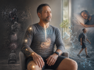 Create a photorealistic medical-editorial illustration in the style of a contemporary science magazine feature, composed in a 4:3 aspect ratio and optimized for 800 × 600 pixels. Show an adult male patient in a quiet, introspective clinical setting, seated upright with subtle signs of relief and restored function. Surround him with layered visual metaphors for chronic neuropathic pain, nausea, bloating, inflammation, and obesity-related physical burden, gradually easing into calm, clarity, and mobility. Incorporate symbolic elements representing a carefully calibrated multi-cannabinoid oral regimen and GLP-1 therapy, using abstract molecular motifs, soft pharmaceutical geometry, and restrained anatomical energy lines rather than explicit product branding or drug packaging. The mood should feel evidence-aware, nuanced, and human, balancing skepticism and hope. Use clean composition, muted medical tones with selective warm highlights, premium editorial lighting, shallow depth of field, and cinematic photorealism that suggests symptom relief, restored sleep, better mobility, and improved treatment tolerance. Avoid psychedelic aesthetics, avoid recreational cannabis imagery, avoid clichés, and keep the tone clinical, modern, empathetic, and publication-ready.