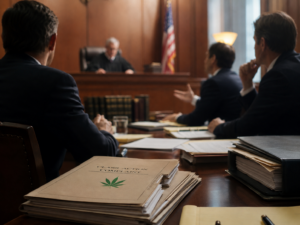 Photorealistic courtroom scene showing lawyers and corporate executives seated around a wooden table facing a blurred judge’s bench, with stacks of legal documents and a folder labeled “Class Action Complaint” featuring a green cannabis leaf emblem in the foreground.